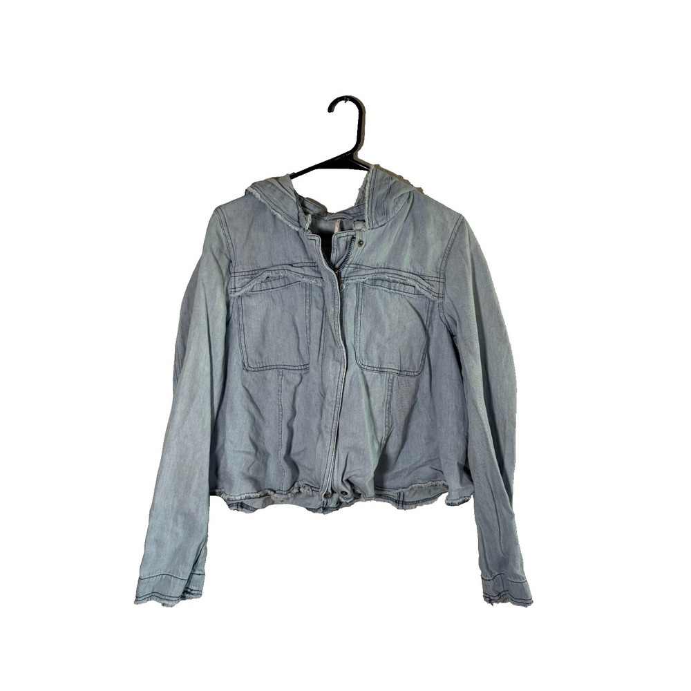 Free People Raw Edge Hooded Jacket Womens Large Blue Denim Cropped Light Wash